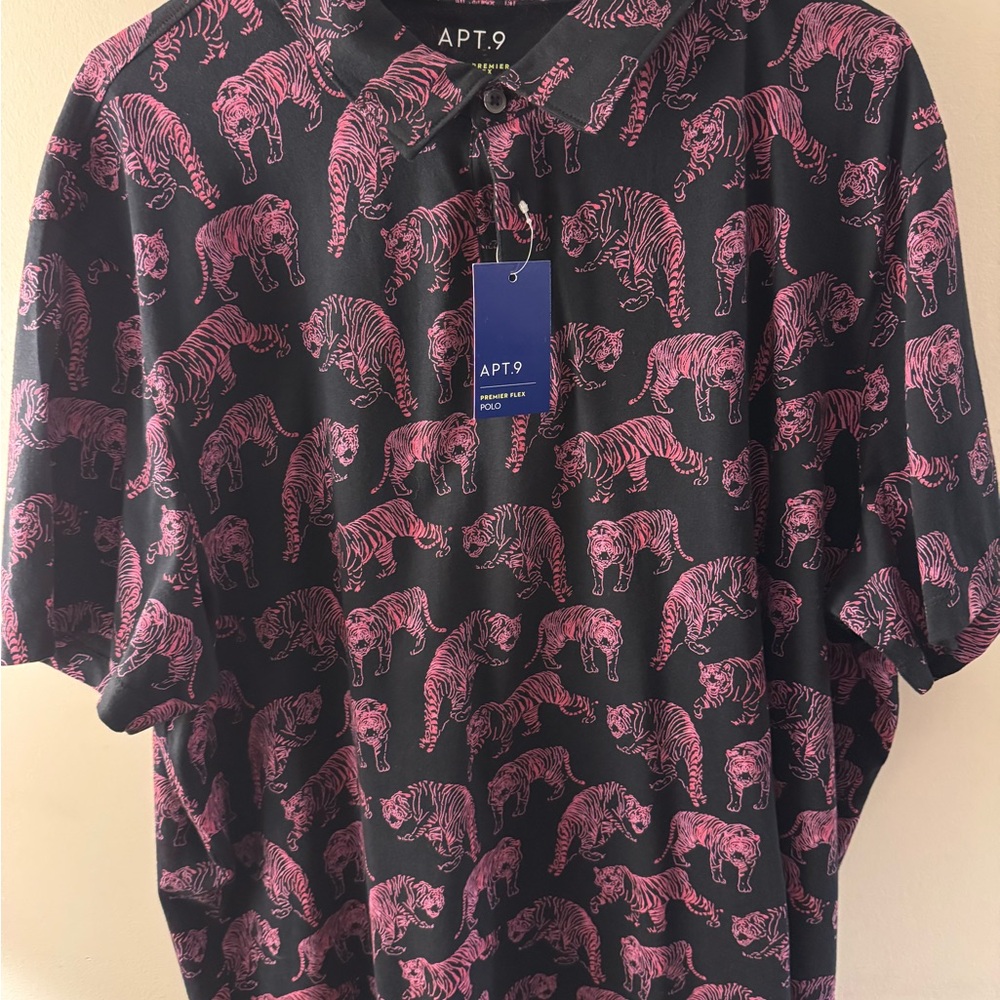 APT9 Men’s XXL Black Polo w/ Artistic pink tiger Design